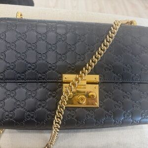 Gucci Black Embossed Leather Shoulder Bag with Gold Chain
